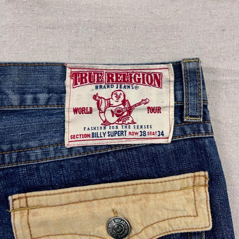 True Religion Billy Super T Jeans Mens 38 Blue Dark Wash Corduroy Flap Pockets image 4