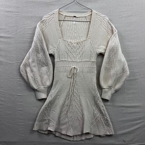 Free People Ivory Cable Knit Mini Emmaline Dress Balloon Sleeve Cutout Back S image 1