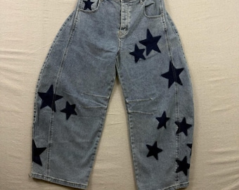 Blue Velvet Star Applique Barrel Jeans L Light Blue High Waist Baggy Balloon