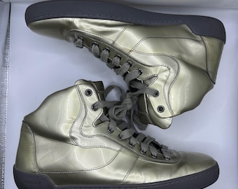 Bally High Top Sneakers Mens 10.5 Gold Metallic Patent Leather EROY Luxury