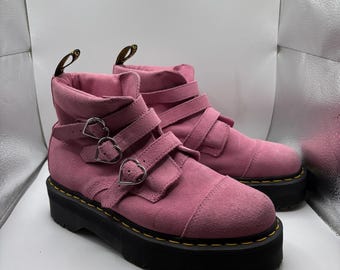 Dr. Martens x Lazy Oaf Buckle Boot Pink Suede Womens 10 Heart Platform Boots