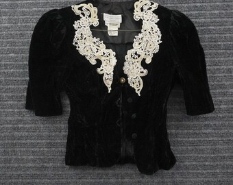 Vintage Jessica McClintock Gunne Sax Velvet Jacket Womens 1/2 Black Lace Pearl