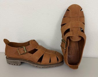 Polo Ralph Lauren Fisherman Sandals Mens 8 D Tan Lug Sole Leather Buckle