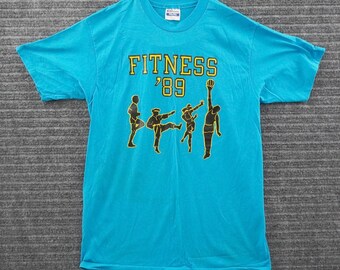 Vintage 80s Hanes Fitness 89 50/50 T-Shirt Mens L Blue Single Stitch Graphic Tee