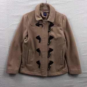 GAP Womens Camel Tan Wool Blend Toggle Duffle Coat Jacket Zip Front Collared