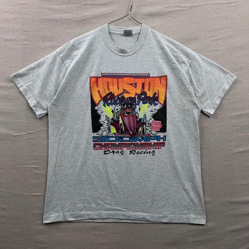 Vintage Houston Raceway Park NHRA Drag Racing-skjorta Herr XL Grå 90-tal Tillverkad i USA bild 1