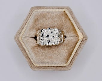 925 Sterling Silver Pinky Nugget Ring – Chunky Diamond Cut Silver Statement Ring, Waterproof Fine Jewelry Gift for Him