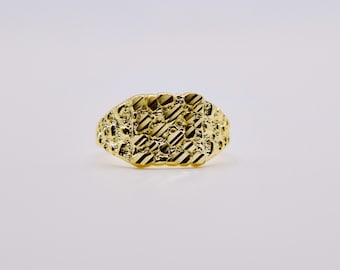 Gold Plated 925 Sterling Silver Pinky Nugget Ring – Chunky Diamond Cut Silver Statement Ring, Waterproof Fine Jewelry Gift for Him