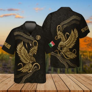 Mexican Eagle Aztec Hawaiian Shirt – Gold Eagle Mexico Pride 3D Button-Up Shirt, Patriotic Mexican Flag Tee