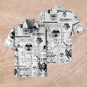 Megad.eth Hawaiian Shirt for Men – All Over Print Album Art, Vic Rattlehead Pattern, Thrash Metal Aloha Button Down, Rock Concert Gift