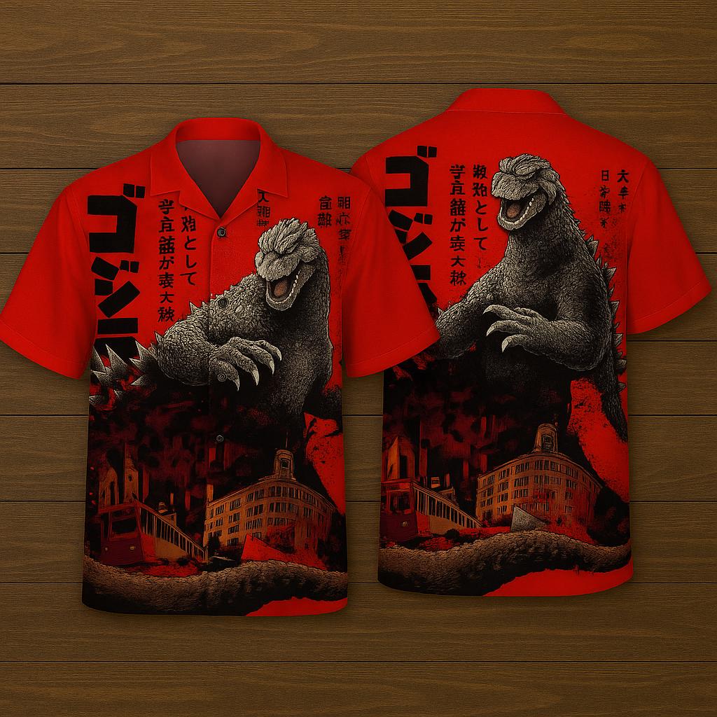 Godzilla Japanese Art Hawaiian Shirt - Vintage Kaiju Monster Print Button-Up Tee
