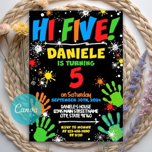 Editable High Five Birthday Invitation, High Five Birthday Party Invitation Template, 5th Birthday, Printable Hi Five 5th Invitation, Canva Template, hi five 5th birthday,
paint birthday,
hi five,
handprint,
rainbow,
high five invitation,
high five template,
five birthday,
high five birthday,
high five party,
high five invite,
high five bday,
paint splatter,
paint party,
high five,
paint invite,
colorful invite, Birthday invitation,
5th birthday,
5th birthday invite, hi 5 party invite, template