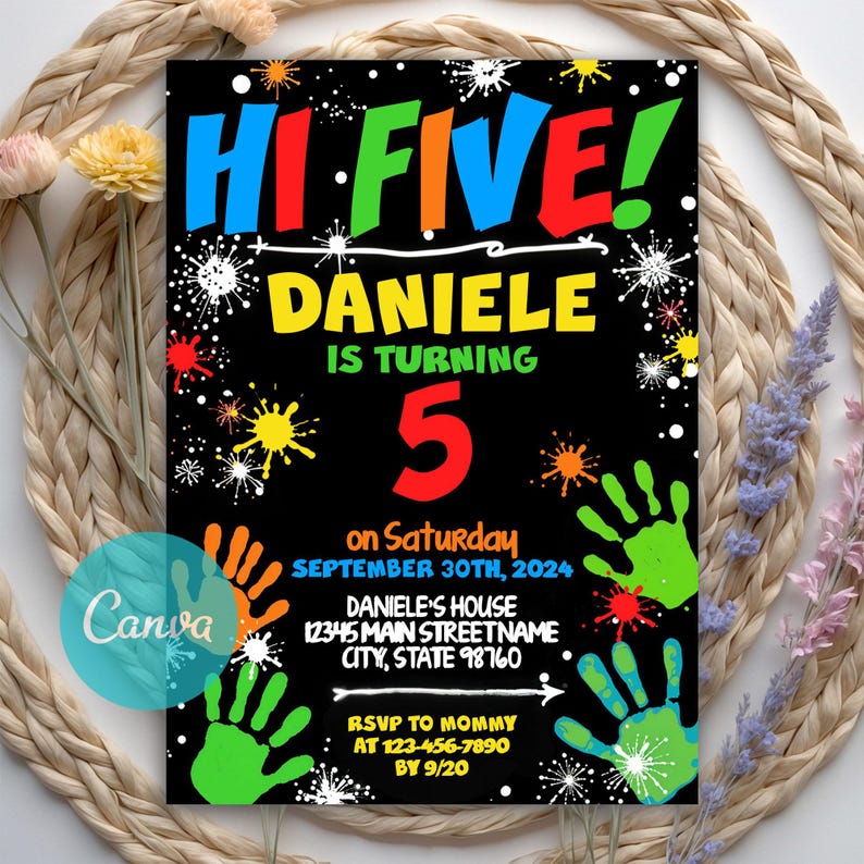 Editable High Five Birthday Invitation, High Five Birthday Party Invitation Template, 5th Birthday, Printable Hi Five 5th Invitation, Canva Template, hi five 5th birthday,
paint birthday,
hi five,
handprint,
rainbow,
high five invitation,
high five template,
five birthday,
high five birthday,
high five party,
high five invite,
high five bday,
paint splatter,
paint party,
high five,
paint invite,
colorful invite, Birthday invitation,
5th birthday,
5th birthday invite, hi 5 party invite, template