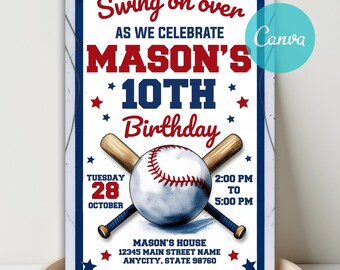 May include: Baseball-themed birthday invitation with the text "Swing on over" and "Mason's 10th Birthday." The design includes a baseball, crossed bats, and red and blue stars. The date and time are also included.