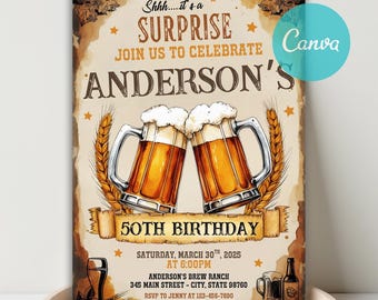 May include: A vintage-style birthday invitation with the text "Shhh...it's a SURPRISE" and "50th BIRTHDAY". The design features two beer mugs clinking, wheat stalks, and a banner. The invitation includes event details.