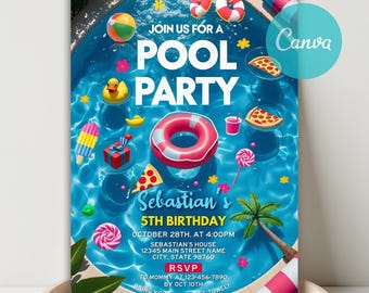 Puede incluir: Una vibrante invitación a una fiesta en la piscina con un fondo de agua azul, con juguetes flotantes, porciones de pizza y un flotador rojo y blanco. El texto de la invitación dice "Pool Party" y anuncia un 5º cumpleaños.