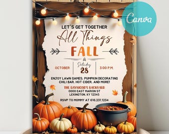 May include: An autumn-themed invitation with the text "All Things Fall." The design features pumpkins, a pot of chili, and string lights against a wooden background. The event is scheduled for October 28th at 3:00 PM.