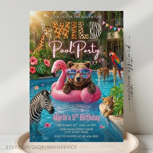 Invitación de cumpleaños con temática de animales salvajes para fiesta en la piscina, invitación de cumpleaños con temática de animales salvajes, invitación para fiesta temática de safari, fiesta de verano en la piscina, personalizable.