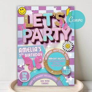 Retro leende födelsedagsinbjudan, rutig discofest (Canva-mall)
