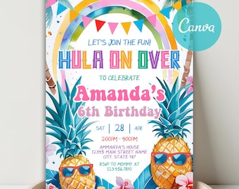 Hawaiian Pineapple Birthday Invitation, Tropical Luau Party (Digital Invitation)