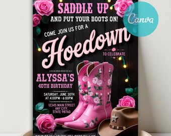 Rustic Pink Cowgirl Hoedown Birthday Invitation (Digital Invitation)