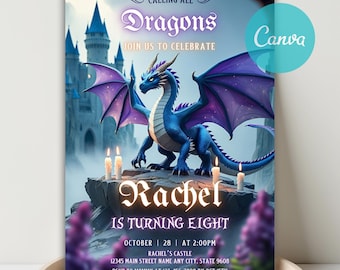 Editable Dragon Birthday Invitation, Blue Castle Party (Canva Digital)
