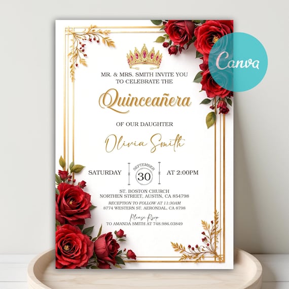 Editable Red and Gold Quinceanera Invitation, Quinceañera Invitation, Floral Mis Quince Anos, DIY Printable Digital Download Canva Template
