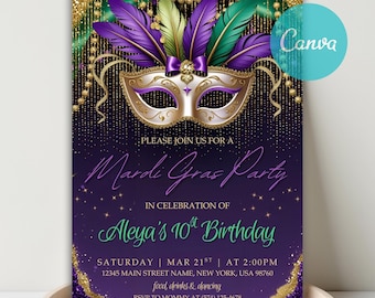 May include: A Mardi Gras party invitation with a purple and gold color scheme. The invitation features a decorative mask with purple, green, and gold feathers. Text includes "Mardi Gras Party" and details for Aleya's 10th birthday.