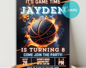 Basketball Birthday Invitation, Basketball Invitation, Sports Invitation, Basketball Fire Invite, Basketball Theme Party, DIY Canva Template