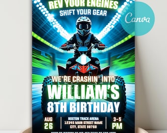 Invito di compleanno per ATV, invito per ATV a 4 ruote, invito per festa in quad, invito fuoristrada, invito per fuoristrada, modello Canva modificabile fai da te