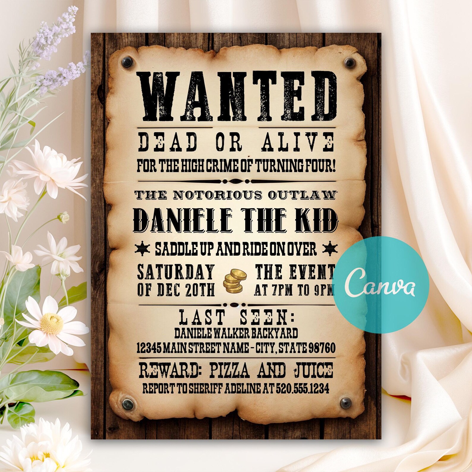 Editable Wanted Poster Birthday Invitation, Rustic Cowboy Party ...