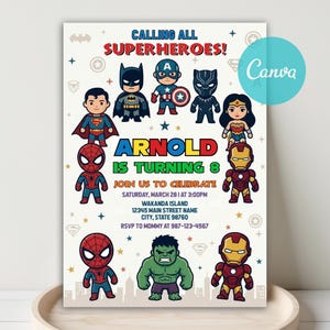 May include: A birthday party invitation featuring superhero characters including Superman, Batman, Captain America, and Iron Man. The invitation text reads "Calling All Superheroes!" and announces Arnold's 8th birthday. The invitation includes party details.