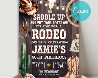 Rustic Rodeo Birthday Invitation, Western Cowboy Invitation, Country Western Invitation, Rodeo Birthday, Cowboy Party Invite, Canva Template