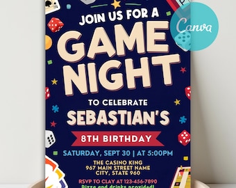Game Night Birthday Invitation, Board Games, Canva Template (Digital)