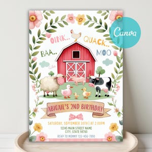 Farm Birthday Invitation, Pink Gingham Farm Invitation, Barnyard Party Invite, Animals Ranch Kids Birthday Theme, Barnyard Invitation, Canva