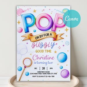 Puede incluir: Una colorida invitación con la palabra "POP" en letras grandes con forma de burbujas. La invitación incluye el texto "ON BY FOR A BUBBLY GOOD TIME" y detalles para una fiesta de cumpleaños, incluyendo el nombre "Christine" y la fecha.
