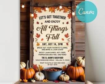May include: An autumn-themed invitation with the text "Let's Get Together and Enjoy All Things Fall." The design includes fall leaves, pumpkins, and a pot of food. The invitation is framed with wooden planks and string lights.