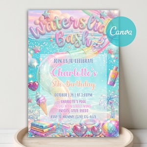 May include: A colorful birthday invitation card featuring a pastel waterslide, pool water, and summer icons. Text reads: Waterslide Bash, Join us to celebrate Charlotte's 8th Birthday, October 28 at 3:00PM, Charlotte's Pool, 12345 Main Street Name, Anycity, State 98000, RSVP to Mommy (574) 125-4678.