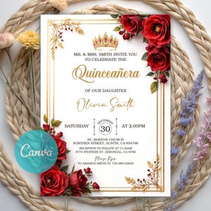 Editable Red and Gold Quinceanera Invitation, Quinceañera Invitation, Floral Mis Quince Anos, DIY Printable Digital Download, Invitation Canva Template, quinceanera,
Quinceañera invite,
gold quince digital,
sweet sixteen,
princess invitation,
red gold butterflies,
fiesta de quince,
sweet 16 invitation,
mis quince anos,
Gold Crown Tiara,
floral quinceanera,
Quinceanera invite,
quinceanera template, red crown birthday,
girl 15th birthday,
princess girl invite,
gold party invite, 15th girl birthday