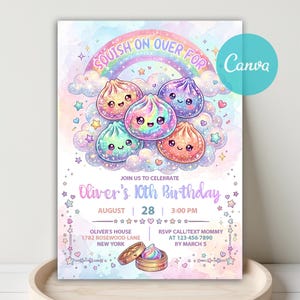 May include: A birthday invitation card featuring pastel watercolor clouds, a rainbow, and four smiling, glittery dumpling characters. The text reads: SQUISH ON OVER FOR, JOIN US TO CELEBRATE, Oliver's 10th Birthday, AUGUST 28 3:00 PM, and location details.