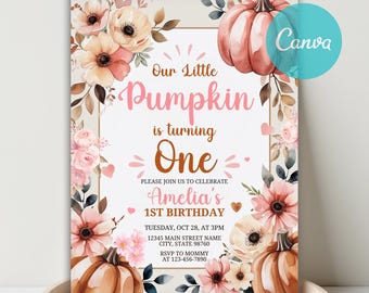 Little Pumpkin 1st Birthday Invitation, Girl Fall Theme (Canva Template)