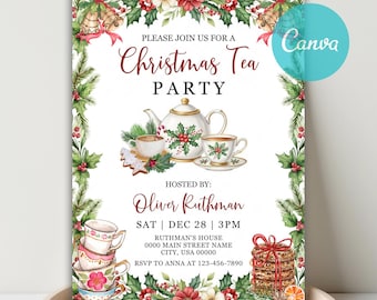 May include: Christmas Tea Party invitation with a festive design. The invitation features a teapot, teacups, and cookies, surrounded by holly and floral accents. The text reads "Please Join Us for a Christmas Tea Party".