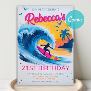 Pink Surfboarding Birthday Invitation, Girl Retro Surfboarding Invitation, Surfboard Beach Party Invite, Surfing, Sunset, Wave, Tide, Canva