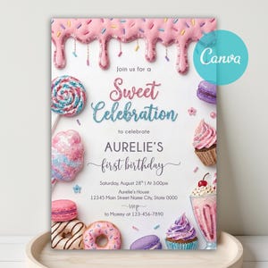 Sequin Sweet Celebration Birthday Invitation, Candyland Birthday Invitation, Sweets Candy, Candyland Invitation, Candyland Invite, Canva