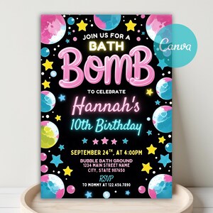 May include: A black birthday party invitation with the text "Join us for a Bath Bomb to Celebrate Hannah's 10th Birthday". The invitation features pink and blue planets, stars, and the date September 24th at 4:00 PM.