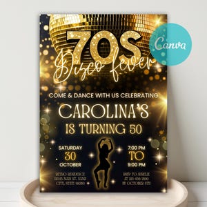 70年代ディスコフィーバーの誕生日招待状、Canvaテンプレート（デジタル）