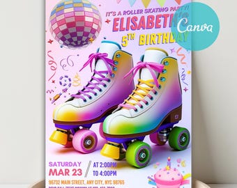 May include: A roller skating party invitation featuring a pair of colorful roller skates with pink laces. The invitation includes the text "Elisabeth's 5th Birthday" and event details. A disco ball and cupcake are also shown.
