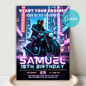 Futuristic Motorcycle Biker Birthday Invitation, Motorcycle Invitation, Motorcycle Party Invite, Motorbike Birthday Invitation, Canva Invite