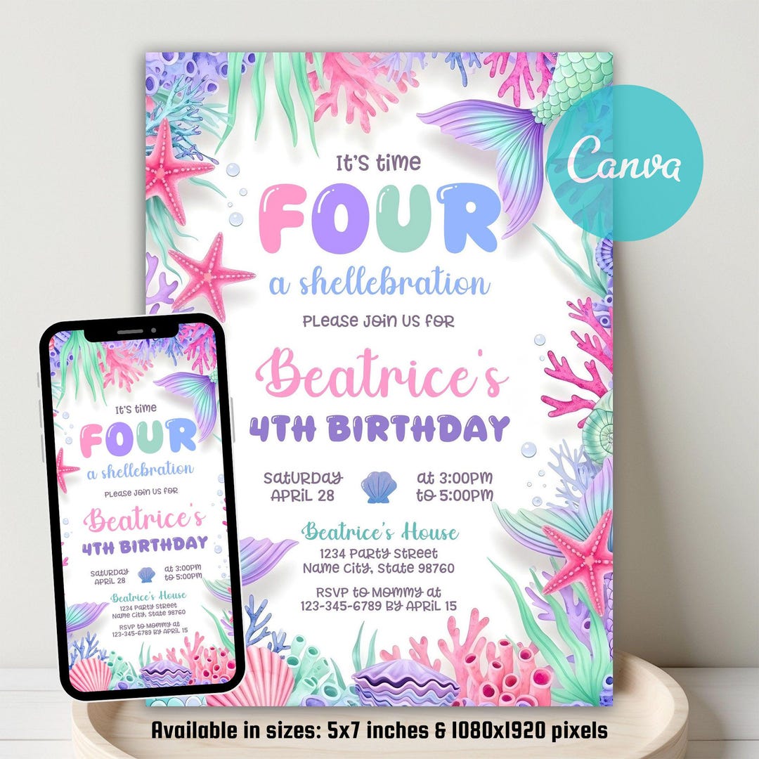 Mermaid Four Birthday Invitation, Mermaid Tail Four Shellabration ...