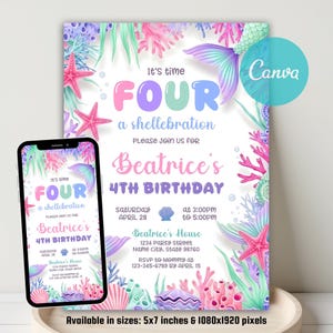 May include: A mermaid-themed birthday invitation with the text "It's time FOUR a shellebration" and "Beatrice's 4th Birthday." The design features a mermaid tail, starfish, and coral in shades of pink, purple, and teal. A smartphone displays the same invitation.